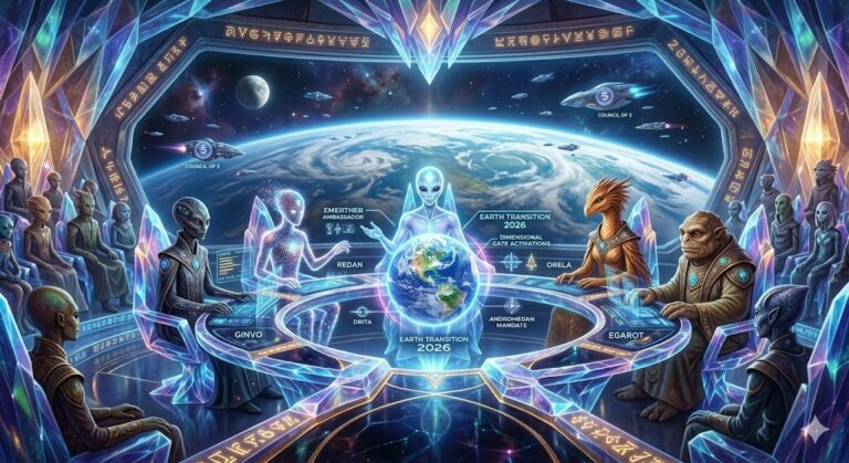 A cinematic view of the Council of 5 (Orela, Egarot, Ginvo, Redan, Emerther) meeting in their geometric, glowing crystalline chamber. A large hologram of Earth in 2026 is visible between them.