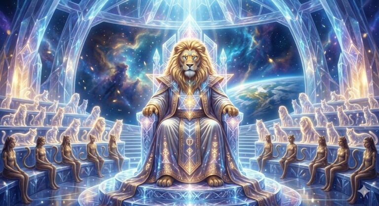 Majestic 16-foot Feline Patriarch Devin presiding over the 9D House of Avyon. He has a golden mane, glowing blue-gold eyes, and wears robes of geometric light.