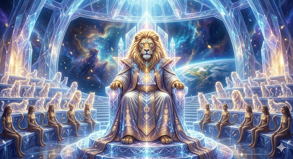 Majestic 16-foot Feline Patriarch Devin presiding over the 9D House of Avyon. He has a golden mane, glowing blue-gold eyes, and wears robes of geometric light.