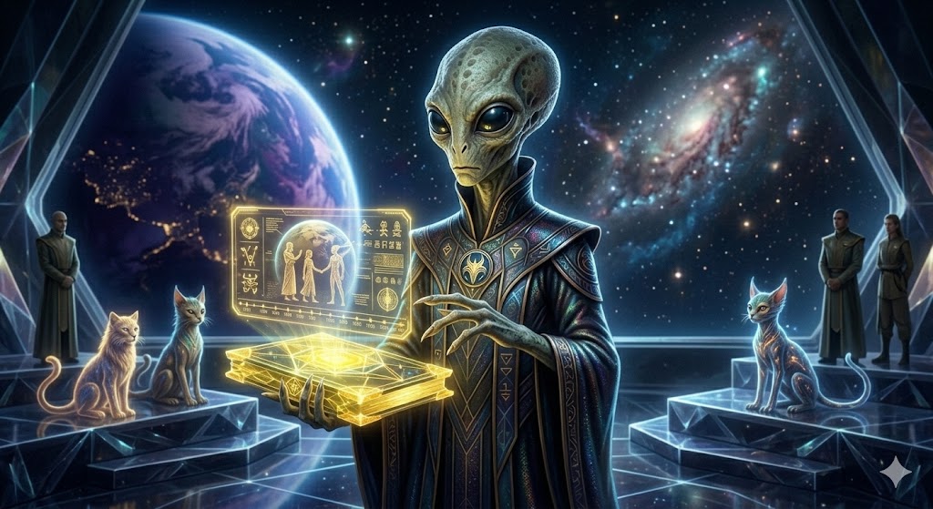 A cinematic portrait of the Krill ambassador, O.H. Krill. A small, grey-reptilian humanoid with large black liquid-lens eyes, holding a glowing holographic device (The Yellow Book) in a dark, metallic environment.