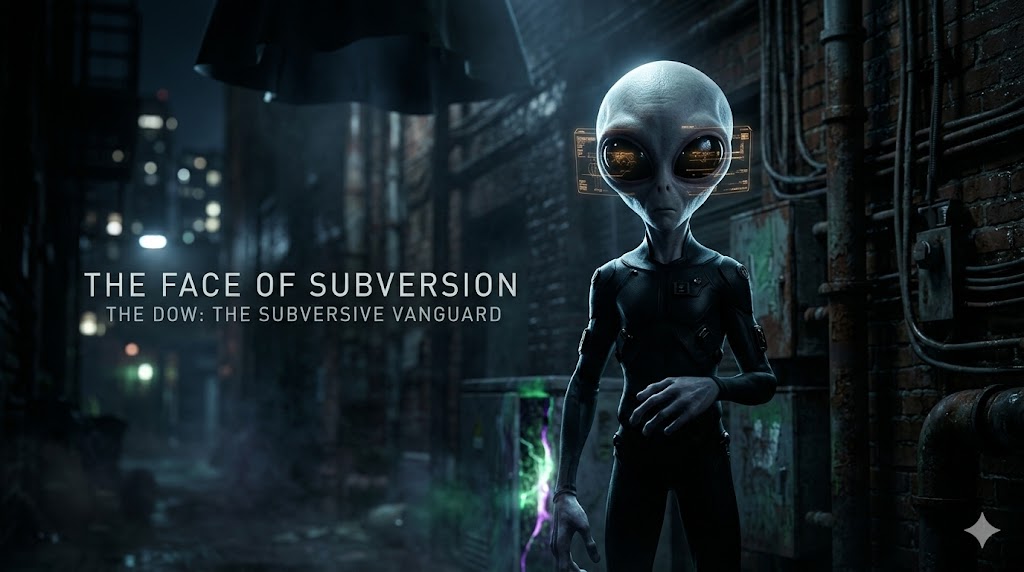 Cinematic 4K shot of a Dow Grey alien entity with glowing holographic reflections in its eyes, establishing a haunting visual identity for the [Think About It Alien Database] Featured Image.