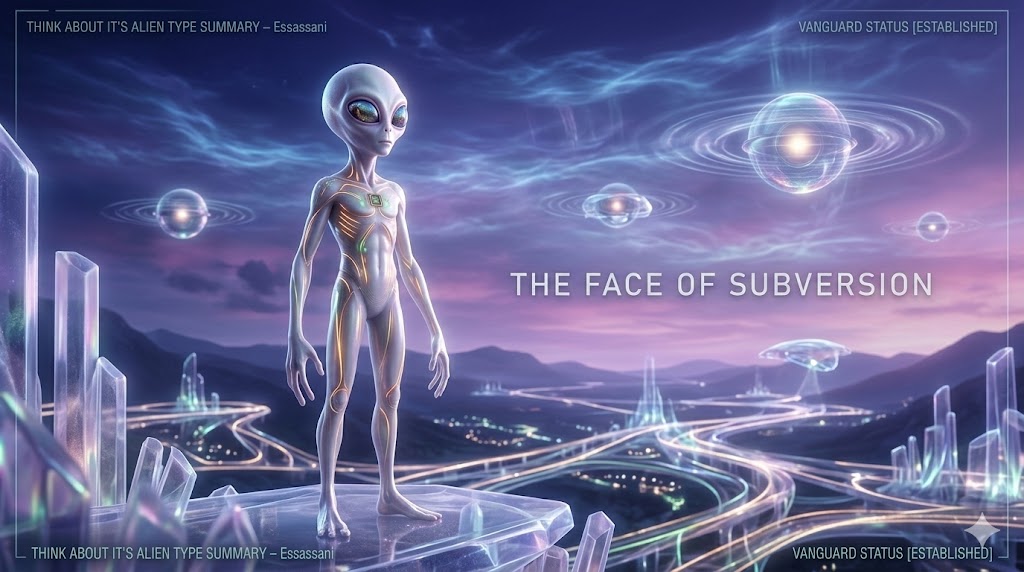 Essassani entity overlooking a high-vibrational crystalline city in a parallel future reality, established meta-terrestrial architecture.