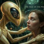 Cinematic 4K visualization of a Golden Mantis Being performing Soul Gazing on a human subject, illustrating neural ego synchronization.