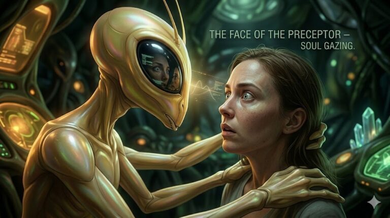 Cinematic 4K visualization of a Golden Mantis Being performing Soul Gazing on a human subject, illustrating neural ego synchronization.