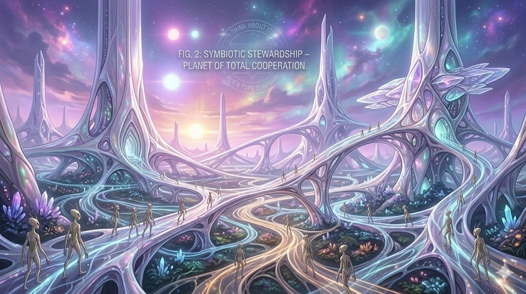 Visual representation of a Mantis home world featuring symbiotic crystalline architecture and collective consciousness light-trails.