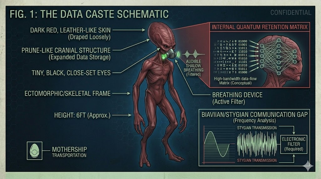 Technical anatomical schematic of the Stygian prune-like cranial structure and internal quantum retention matrix for data storage.