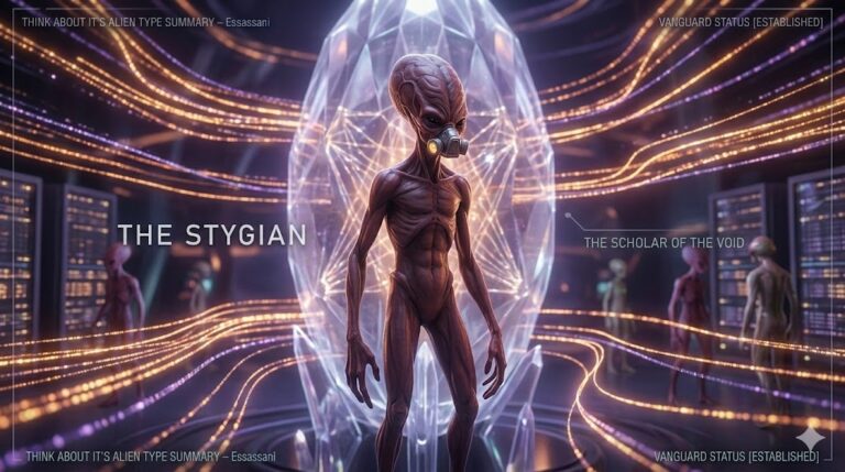 Cinematic 4K rendering of a Stygian entity with dark red leathery skin and a prune-like head standing in a Biaviian egg-shaped mothership.