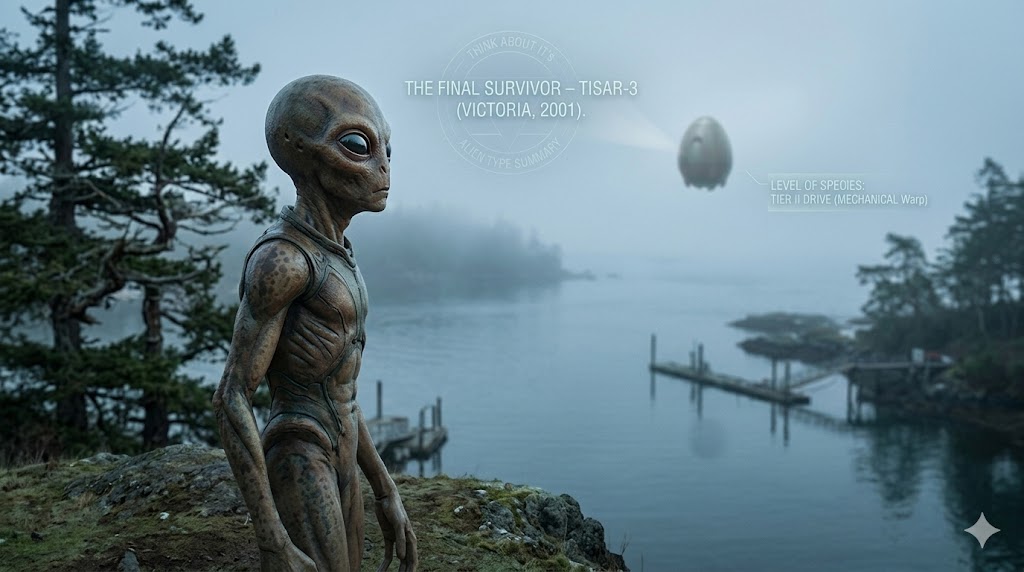 Cinematic photograph of the final Tisar-3 Reptoid survivor standing on a rugged Canadian coastal bluff overlooking a mist-shrouded harbor near Victoria, with their low-tech egg-shaped craft disappearing into the fog at dawn.