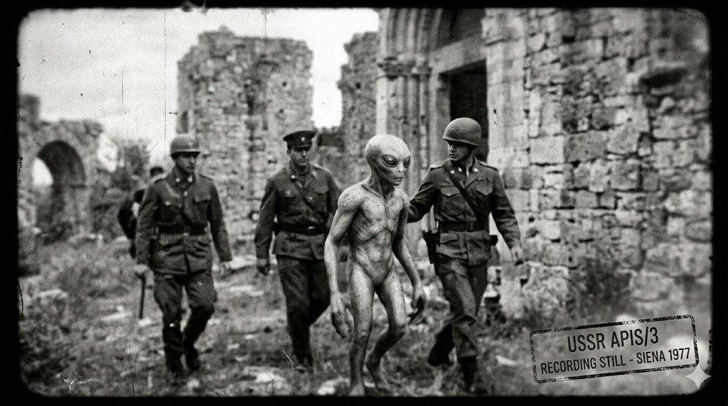 A blurry, monochrome 8mm film still showing two Tisar-3 entities being escorted by military personnel in 1970s uniforms behind the stone ruins of an old Italian church, marked as a USSR APIS/3 recording.