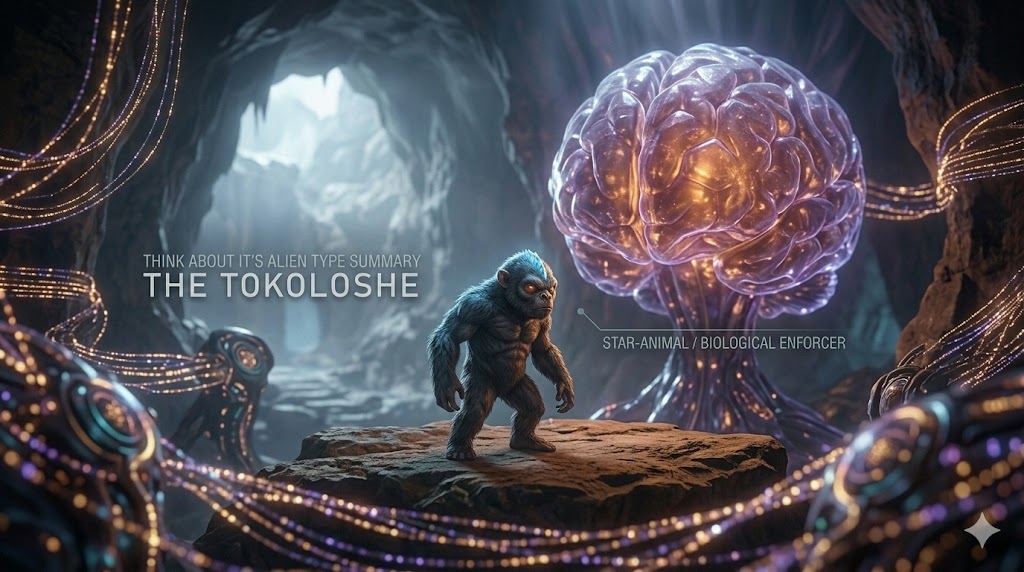 Cinematic 4K render of a Tokoloshe Star-Animal standing in a subterranean cavern beside a bioluminescent neural energy structure, representing its role as a biological enforcer.