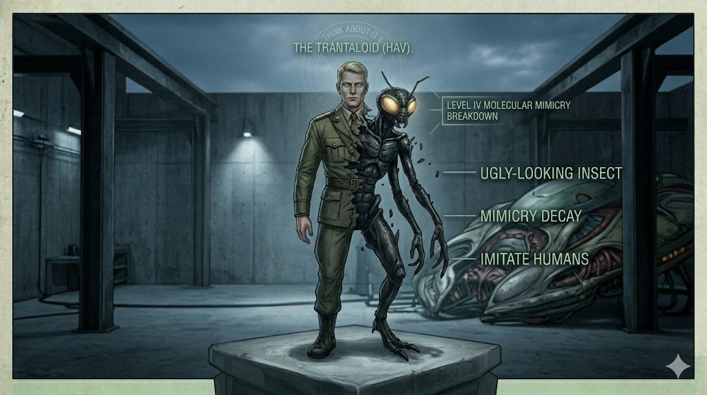 Cinematic 16:9 photograph in a dimly lit 1960s Canadian military hangar, capturing a single Trantaloid (HAV) entity in the final stages of a molecular mimicry breakdown, revealing its true insectoid form beneath a fading blond human mask.