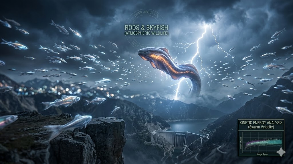 Cinematic visualization of a Skyfish swarm and a massive Tube entity harvesting energy from a lightning strike, featuring a kinetic energy analysis overlay.