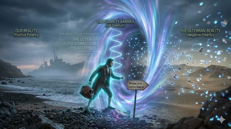 Cinematic 16:9 render of a man (Joseph Vorin) emerging from a swirling blue EM-vortex onto a rocky beach. In the background, the ghost-like silhouette of the USS Eldridge phases through the mist.