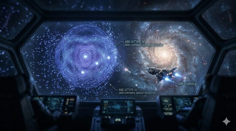 Cinematic photograph capturing a profound cosmic encounter. A monumental, translucent Ultron entity (ABE-V/Type IV), appearing as a mesmerizing blue-violet Hutchinson Radiation Analysis (HRA) Moire pattern, stabilizes the violent energy vortex of a Quasar core. A battered human ship observing from the edge is visible in the background.