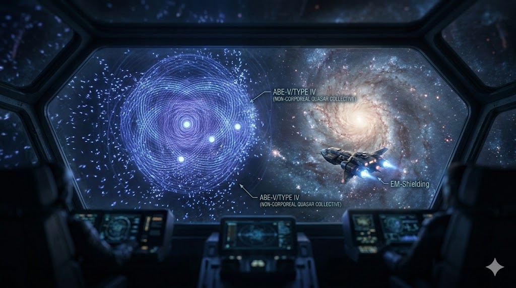 Cinematic photograph capturing a profound cosmic encounter. A monumental, translucent Ultron entity (ABE-V/Type IV), appearing as a mesmerizing blue-violet Hutchinson Radiation Analysis (HRA) Moire pattern, stabilizes the violent energy vortex of a Quasar core. A battered human ship observing from the edge is visible in the background.