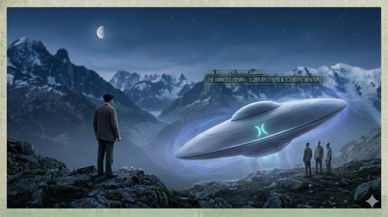 Cinematic visualization of a 1950s encounter in the French Alps (Digne) between a human and Ummite OEMII entities standing near their lenticular OAWOOLEA UEWA OEMM craft.