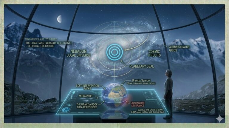 Technical briefing schematic from the [Think About It Alien Database] visualizing the Urantian (Nebula Collective) hierarchy, the three concentric azure circles symbol, the structure of Nebadon, the function of Midwayers, and the Urantia Book data repository.