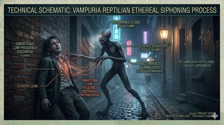 Cinematic photograph in dark European alleyway visualizing a Vampuria Reptilian (red eyes, bulb-hump, four-digit talons) in a siphoning posture over a human victim. Shows an intricate 'Etheric Leak' of red-orange energy (Loosh) pouring from the victim's chest into the entity, marked by standard [Think About It Alien Database] briefing overlays. It also shows visible 'Etheric Scratches' caused by the talons. The source is linked to Project GODAR NCR/27B-01 MWC-2.B7 – [Think About It Database].