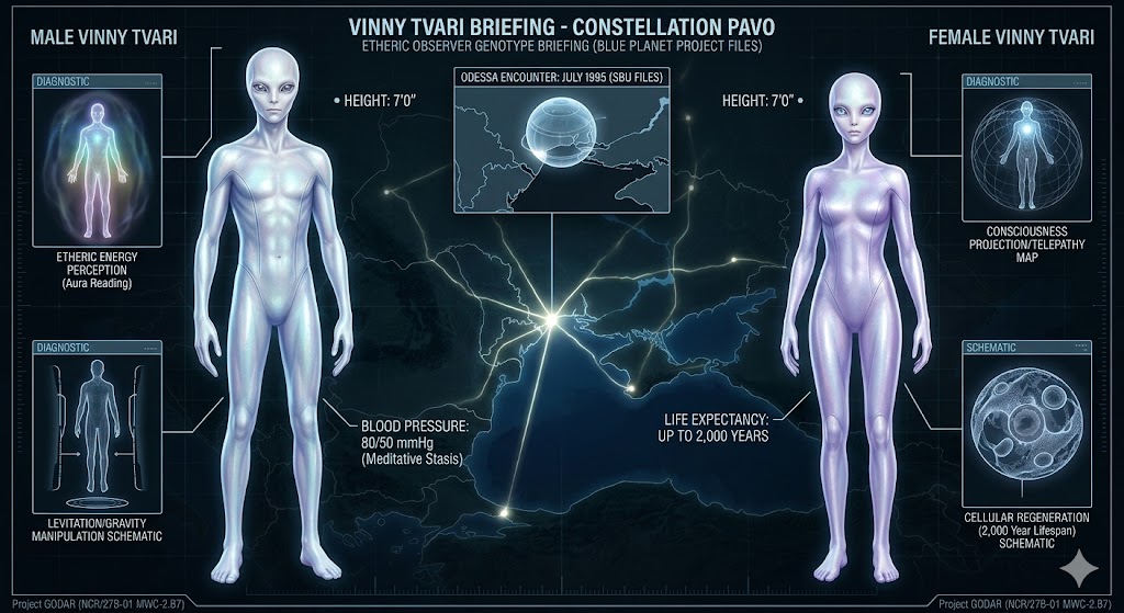 Technical diagnostic diagram of male and female Vinny Tvari humanoids from Constellation Pavo. and Map visualizing the energetic Ley Line paths used by the Vinny Tvari on Earth.