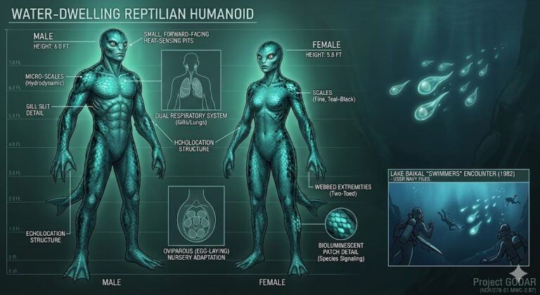 Technical diagram of male and female Water-Dwelling Reptilian Humanoids showing scales, gill slits, and webbed feet as described in the Blue Planet Project.