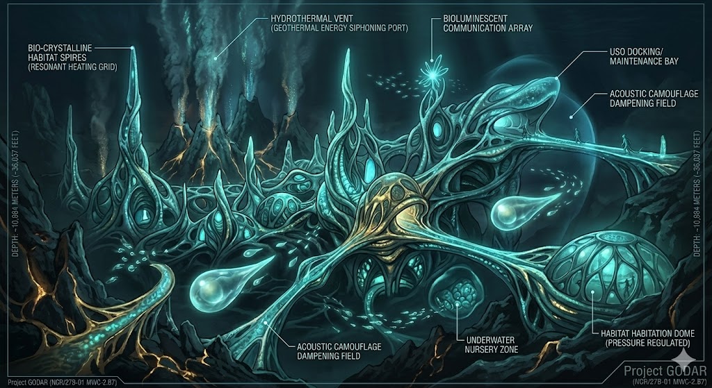Bioluminescent organic alien city located near a hydrothermal vent in the Mariana Trench, used by Water-Dwelling Reptilians.