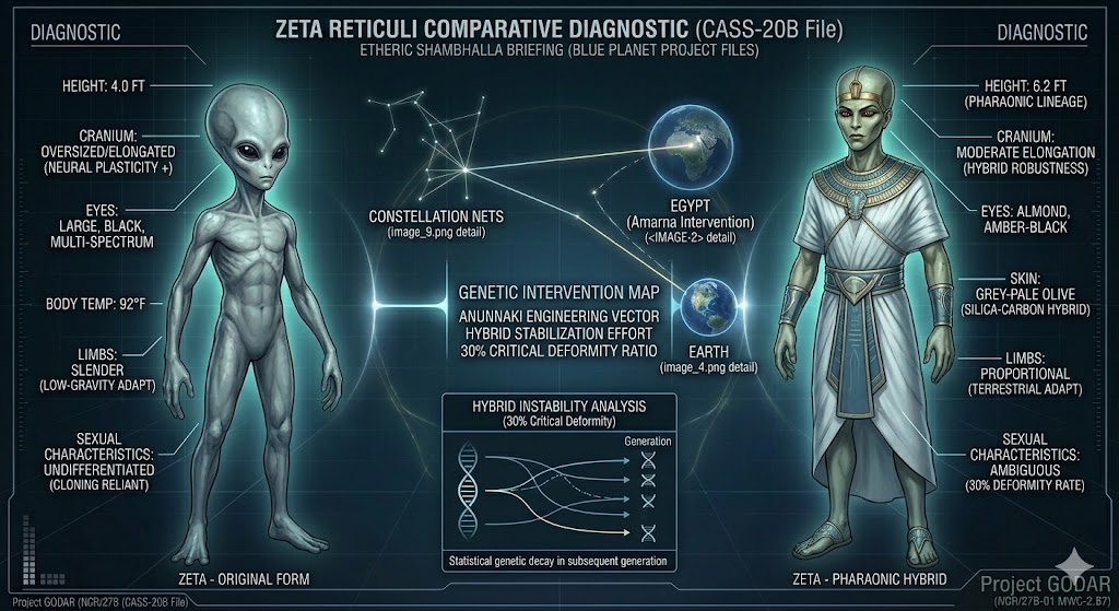 Comparative diagnostic of the Original Zeta Reticuli Grey form and the Pharaonic-Hybrid form, referencing the 18th Dynasty intervention and the 30% deformity crisis.