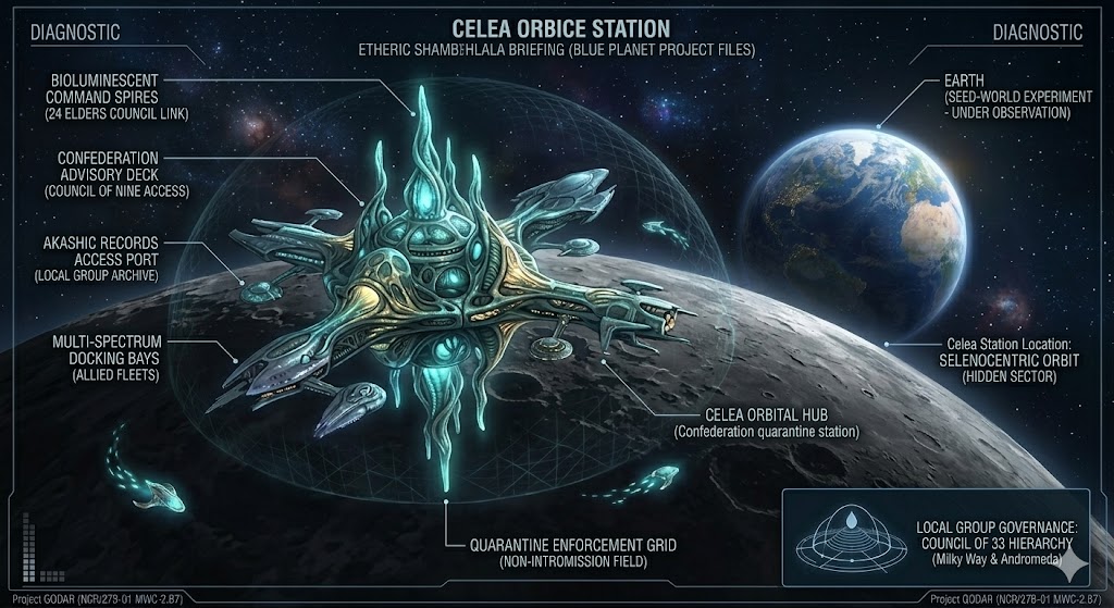 Technical briefing of the Celea Space Station, the massive Confederation base hidden behind the Far Side of the Moon, used to enforce the Galactic Quarantine of Earth.