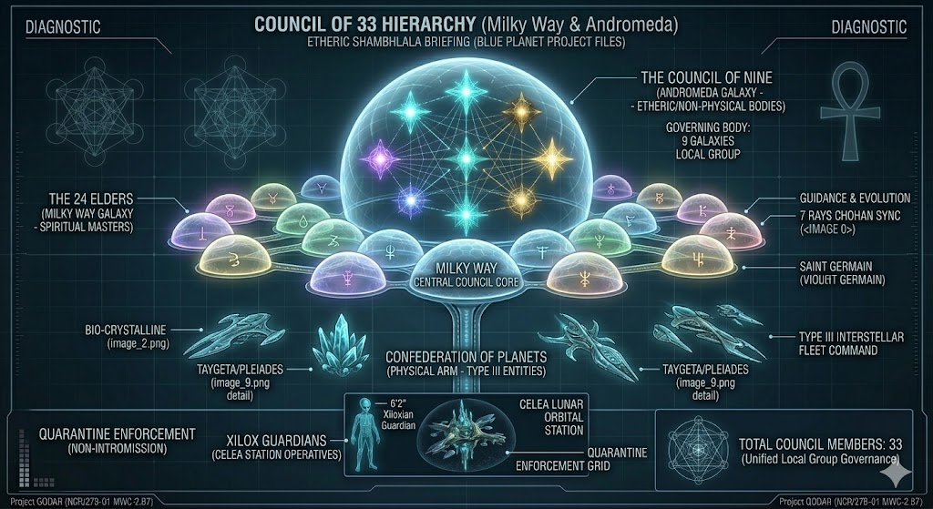 Technical diagram of the Council of 33 Governance Hierarchy, the unified governing body of the Milky Way and Andromeda Galaxies, detailing the non-physical Nine, the 24 Elders, and the physical Xilox Guardians.