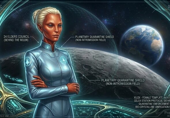 Featured image visualizing a serene, authoritative Female XILOX Guardian standing on the bio-crystalline observation deck of Celea Station behind the Far Side of the Moon, monitoring Earth's quarantine, as described in Project GODAR (NCR/27B-01 MWC-2.B7).
