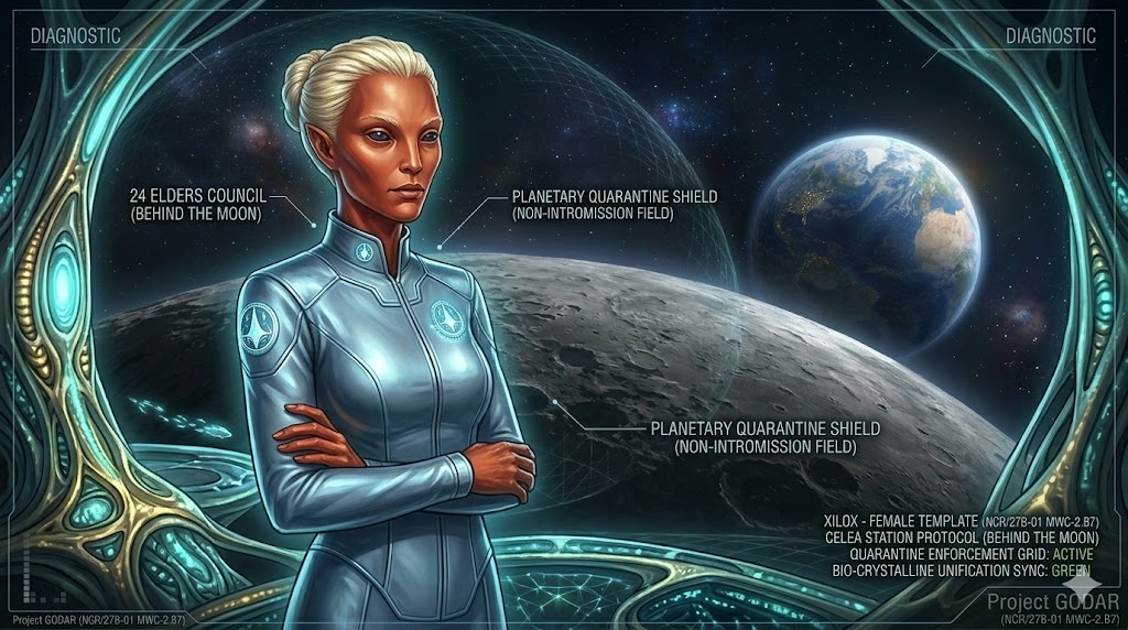 Featured image visualizing a serene, authoritative Female XILOX Guardian standing on the bio-crystalline observation deck of Celea Station behind the Far Side of the Moon, monitoring Earth's quarantine, as described in Project GODAR (NCR/27B-01 MWC-2.B7).