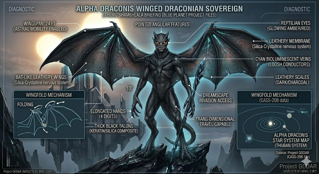 Technical diagram of Winged Draconian anatomy: 4-fingered talons, 24ft wingspan, and astral mobility schematics.