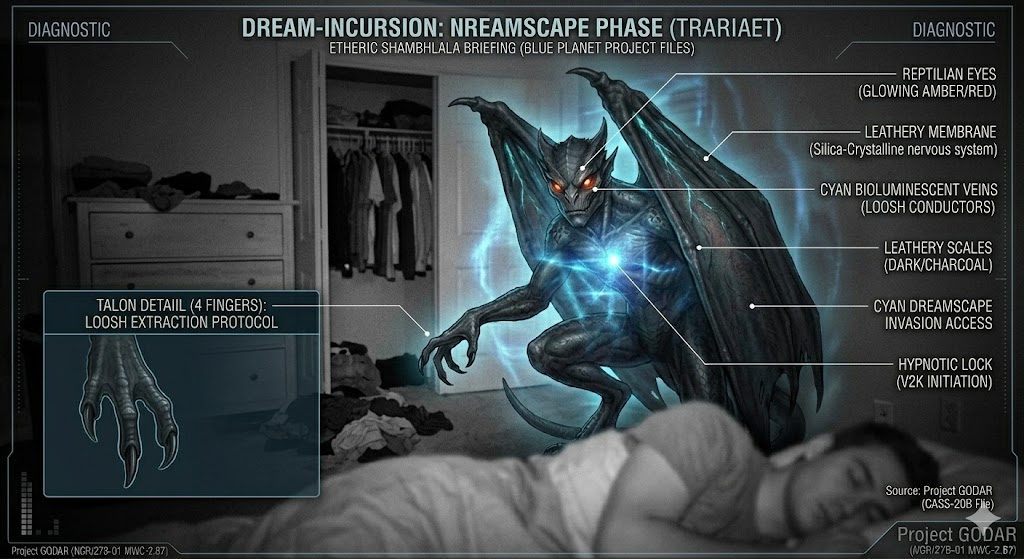 Grainy night-vision photo of a Winged Draconian in a bedroom, invading a dreamscape for loosh extraction.