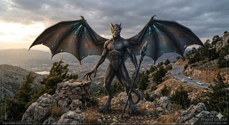 A photorealistic Winged Draconian standing on a mountain overlooking a valley, showing leathery wings and glowing amber eyes.