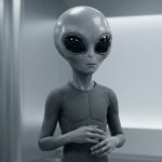 A high-resolution portrait of an X5-TYKUT entity standing in a sterile lab, showing smooth, grey synthetic skin, large black ocular shields, and a slender, non-organic physique.