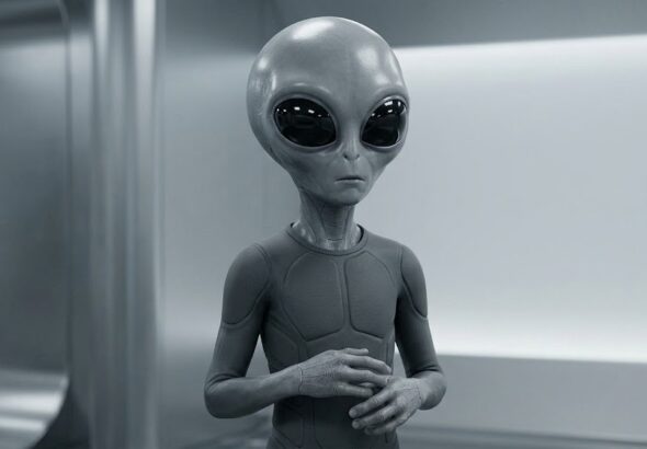 A high-resolution portrait of an X5-TYKUT entity standing in a sterile lab, showing smooth, grey synthetic skin, large black ocular shields, and a slender, non-organic physique.