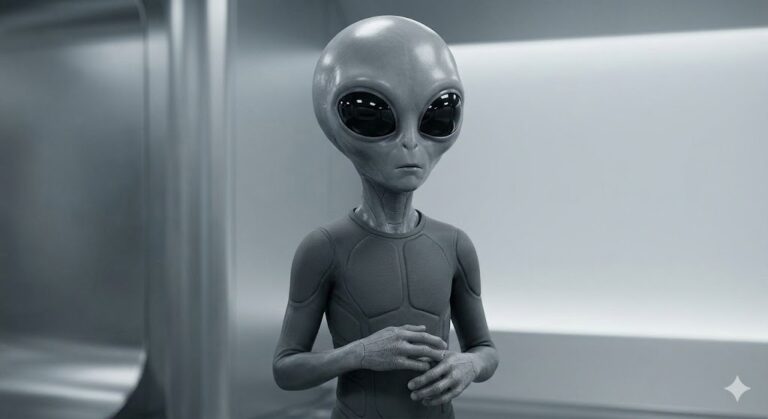 A high-resolution portrait of an X5-TYKUT entity standing in a sterile lab, showing smooth, grey synthetic skin, large black ocular shields, and a slender, non-organic physique.