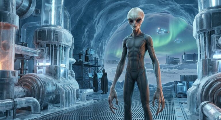An imposing 11-foot-tall Yukonadious Grey with long arms and a hybrid human-alien appearance standing in a cold, high-tech underground base at the South Pole, showing hydrogen processing machinery and luminous triangular craft.