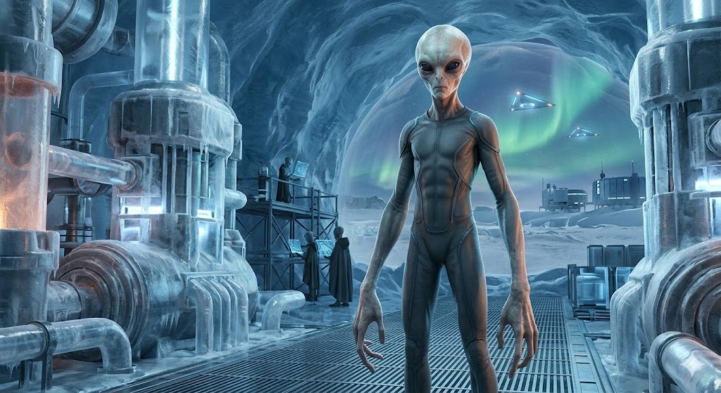 An imposing 11-foot-tall Yukonadious Grey with long arms and a hybrid human-alien appearance standing in a cold, high-tech underground base at the South Pole, showing hydrogen processing machinery and luminous triangular craft.