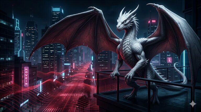 A 10-foot tall Alpha Draconian with white scales on a balcony overlooking a neon city, with red frequency waves pulsing through the streets.