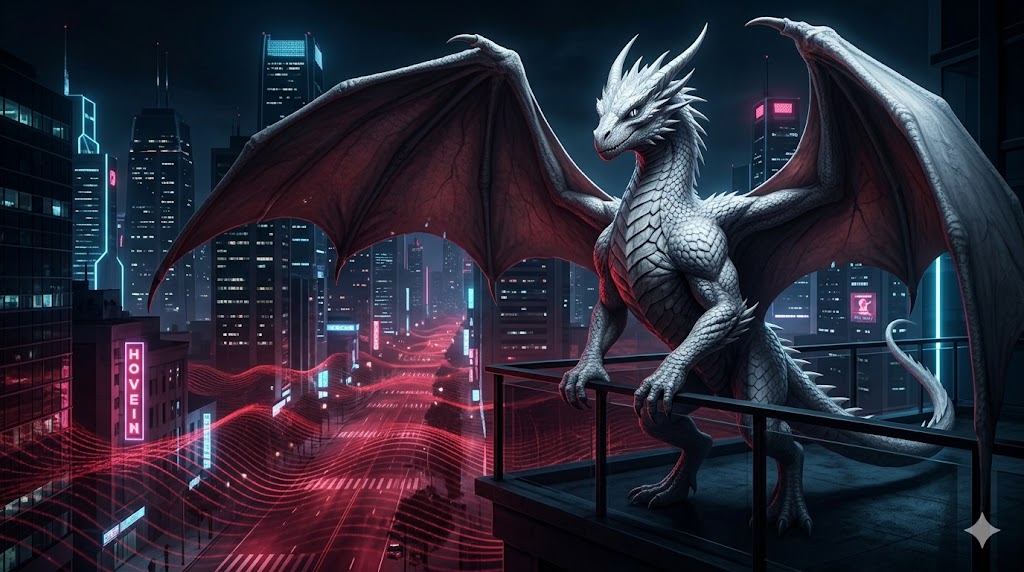 A 10-foot tall Alpha Draconian with white scales on a balcony overlooking a neon city, with red frequency waves pulsing through the streets.