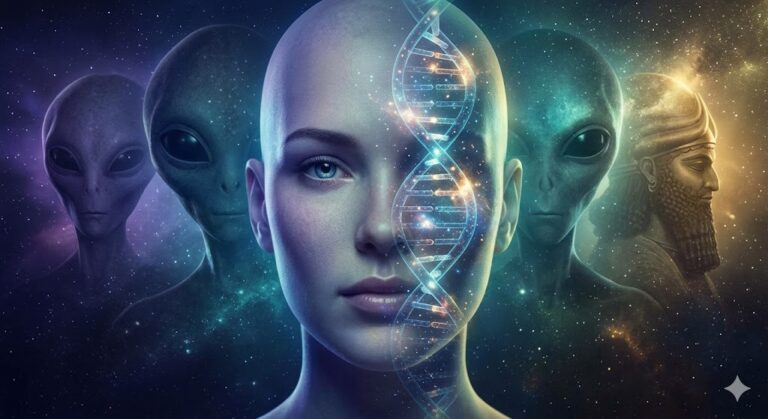 A mystical yet scientific rendering of Universal DNA awakening within a human face, with glowing stars inside the helix and ET silhouettes in the cosmic background.