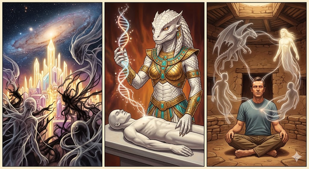 Tri-panel vintage pulp illustration detailing the Andromeda invasion, Enlil Anunnaki DNA splicing, and the modern Kiva connection of Roger Kerr.