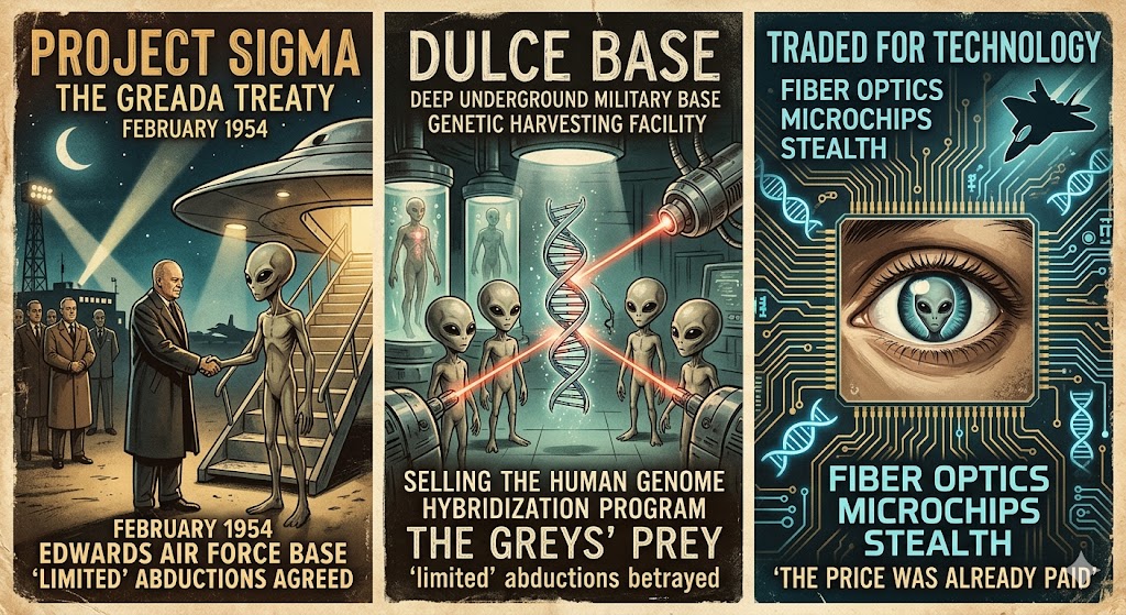 A 1970s pulp-style tri-panel illustration detailing the 1954 Greada Treaty meeting between Eisenhower and Greys, the underground Dulce genetic facility, and back-engineered microchip technology.