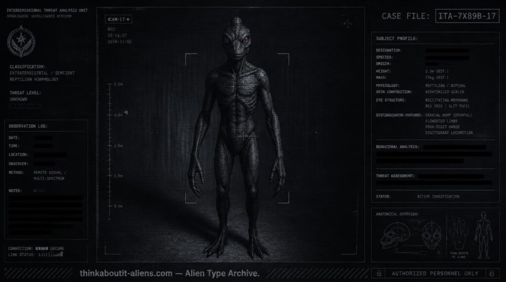 Dossier-style illustration of a Vampuria Reptilian, a bipedal reptile-like being with a forehead hump and red slit-pupil eyes