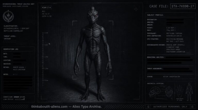 Dossier-style illustration of a Vampuria Reptilian, a bipedal reptile-like being with a forehead hump and red slit-pupil eyes