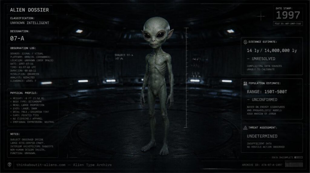 Dossier-style illustration of a Verdant, the small large-headed alien described by journalist Phillip Krapf