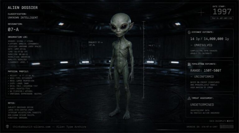 Dossier-style illustration of a Verdant, the small large-headed alien described by journalist Phillip Krapf