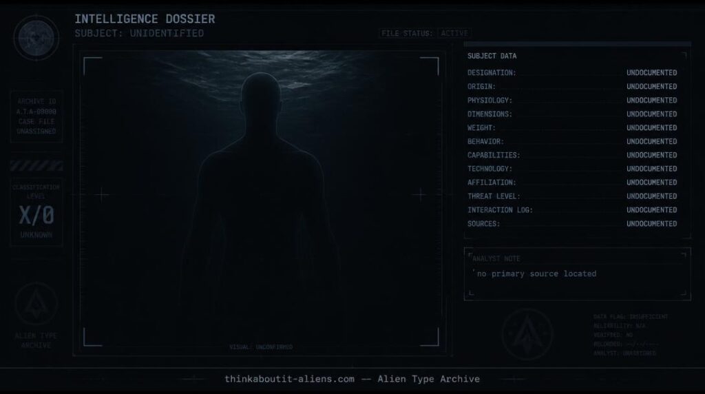 Dossier-style placeholder illustration for the Water-Dwelling Reptilian Humanoid, an alien type with no traceable primary source