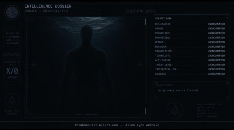 Dossier-style placeholder illustration for the Water-Dwelling Reptilian Humanoid, an alien type with no traceable primary source