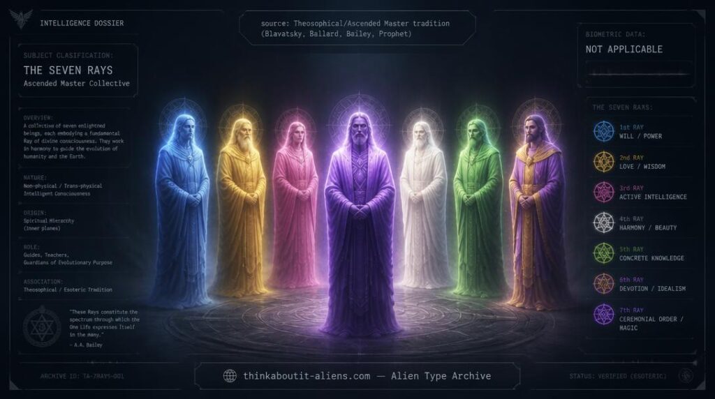 Dossier-style illustration of seven robed, luminous figures representing the Chohans of the Seven Rays